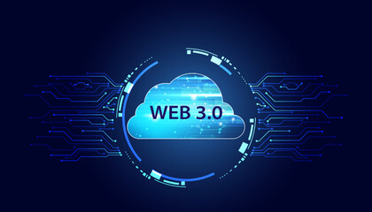 Abstract, Web 3.0 cloud and blockchain circle, Technology or Concept to Develop Web Links, Decentralized, Bottom-up Design, Consensus on Blue Background. Modern digital, futuristic