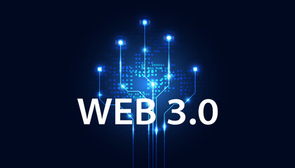 Abstract, Web 3.0 and blockchain link, Technology or Concept to Develop Web Links, Decentralized, Design, Consensus on Blue Background. Modern digital, futuristic