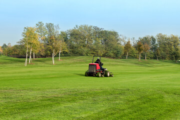 Worker moving grass on golf course