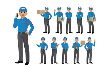 Set of delivery person with different poses