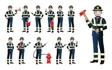 Set of firefighter with different poses