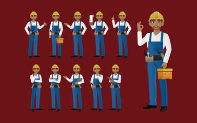 Set of engineer and builder with different poses