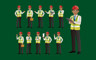 Set of engineer and builder with different poses