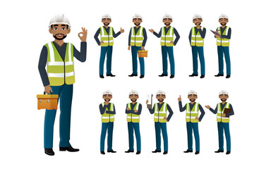 Set of engineer and builder with different poses