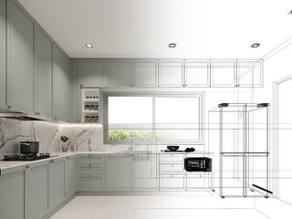 abstract sketch design of kitchen room, 3d rendering