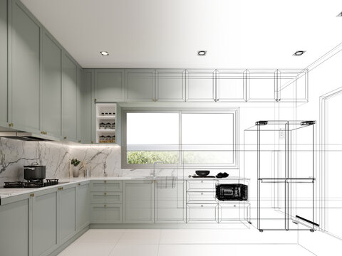 abstract sketch design of kitchen room, 3d rendering