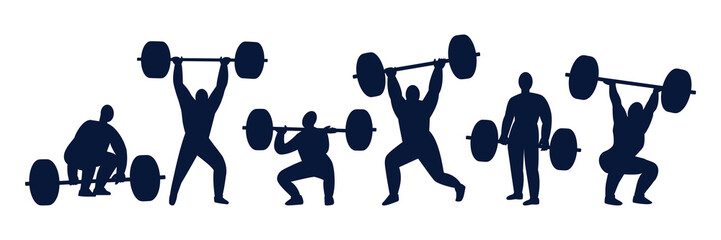 Fototapeta na wymiar Silhouettes of heavy athletes lifting barbell. Weightlifters in different poses isolated on a white background. Black and white vector illustration