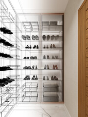 sketch design of  interior shoe room, 3d rendering