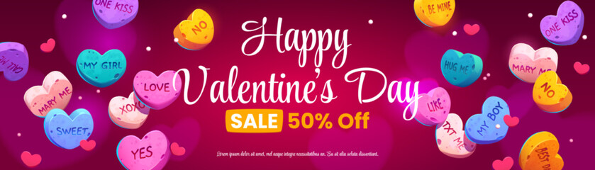 Valentines Day sale banner template. Cartoon vector illustration of promotion leaflet or poster with many colorful hearts on red background. Best prices for holiday shopping. Marketing material design