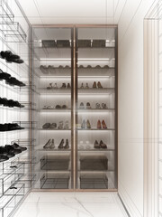 sketch design of  interior shoe room, 3d rendering