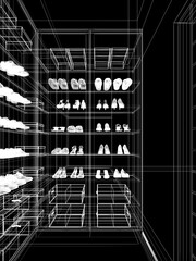 sketch design of  interior shoe room, 3d rendering