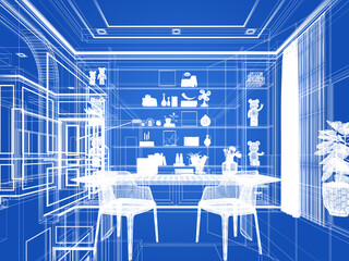 sketch design of interior working room, 3d rendering
