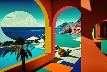 Mediterranean island vacation villa with view over ocean and beach - luxurious summer holiday destination getaway.