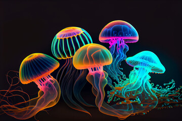 Colorful acid Jellyfish moving in water. illustration