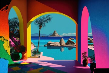 Obraz na płótnie Canvas Mediterranean island vacation villa with view over ocean and beach - luxurious summer holiday destination getaway.