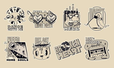 Abstract retro stickers in y2k style. Monochrome icons with psychedelic smiling faces, dinosaur, vintage cassette, tv and glasses, vector cartoon set isolated on background