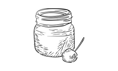 Cherry jam. A bottle of red berries and fruit syrup. Glass kitchen equipment. Flat outline illustration isolated on white background