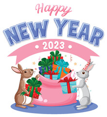 Happy New Year text with cute rabbit for banner design