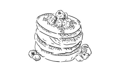 illustration of pancakes and cherries. With a line and black and white style