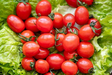 Close up on background branch red tomatoes on a fresh salad plate