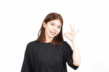 Smiling and Showing OK Sign Of Beautiful Asian Woman Isolated On White Background