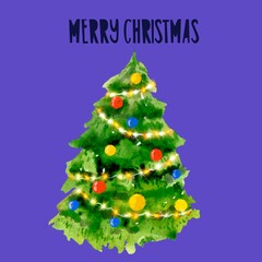 Watercolor illustration, background, card, with herringbone, fir tree, Merry Christmas, Happy New Year.