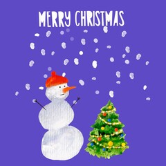 Watercolor illustration, background, card, snowman with a Christmas tree, Christmas tree, Merry Christmas, Happy New Year.