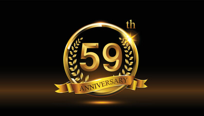 59th anniversary logo with golden ring, confetti and Gold ribbon isolated on elegant black background, sparkle, vector design for greeting cath and invitation cath