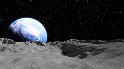 Plakat 3d illustration. View of the planet Earth from the surface of the Moon.
