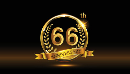 66th anniversary logo with golden ring, confetti and Gold ribbon isolated on elegant black background, sparkle, vector design for greeting cath and invitation cath