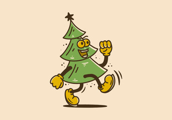 Illustration design of a fir tree with legs and arms and a cheerful face