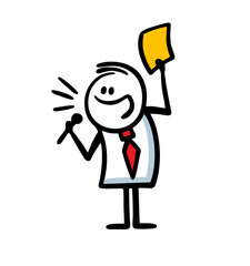 The speaker is a businessman speaking into a microphone and waving an important document.