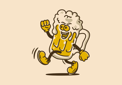 Illustration design of beer mugs with feet and hands and cheerful faces