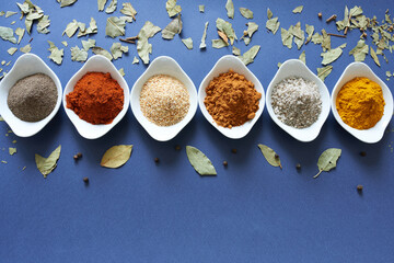 Spices close-up on blue background with space for text.