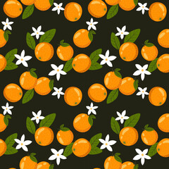 Vector seamless pattern of oranges, white flowers and leaves. Floral Christmas pattern on a dark background in a flat style. Ideal for printing on fabric, wrapping paper, wallpaper, etc.