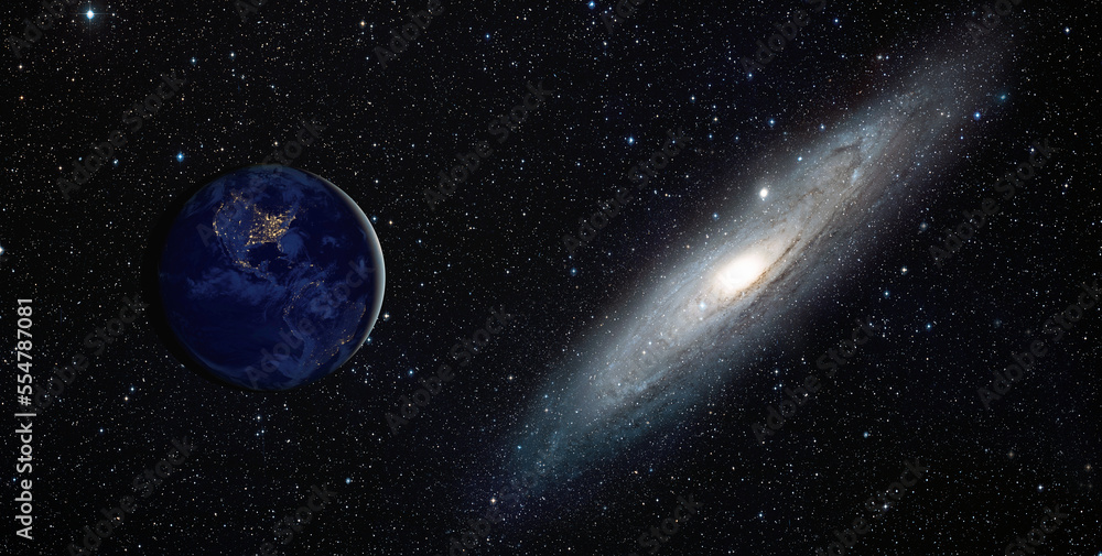 Poster View of the Planet Earth from space with The Andromeda Galaxy in the background 