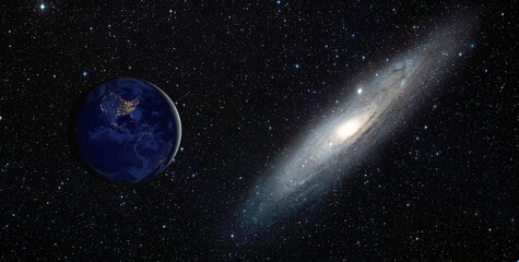 View of the Planet Earth from space with The Andromeda Galaxy in the background 