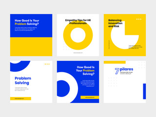 Set of Yellow and Blue Object Square Banners and Social Media Post Templates. These designs incorporate a vibrant blend of yellow and blue elements, offering a visually appealing.