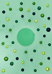 Bright turquoise green 3D illustration minimal product display Christmas themed with colorful decoration Christmas balls falling top view flat lay photography wallpaper with one podium or stand
