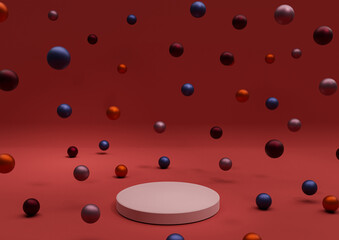 Bright maroon, dark red 3D illustration minimal product display Christmas themed colorful decoration Christmas balls colorful metallic marbles falling photography wallpaper one podium stand horizontal