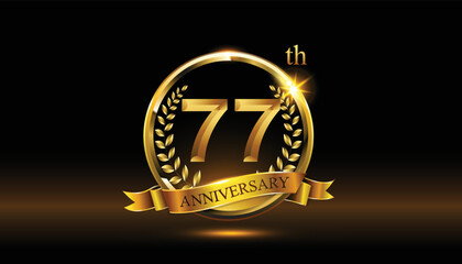 77th anniversary logo with golden ring, confetti and Gold ribbon isolated on elegant black background, sparkle, vector design for greeting cath and invitation cath