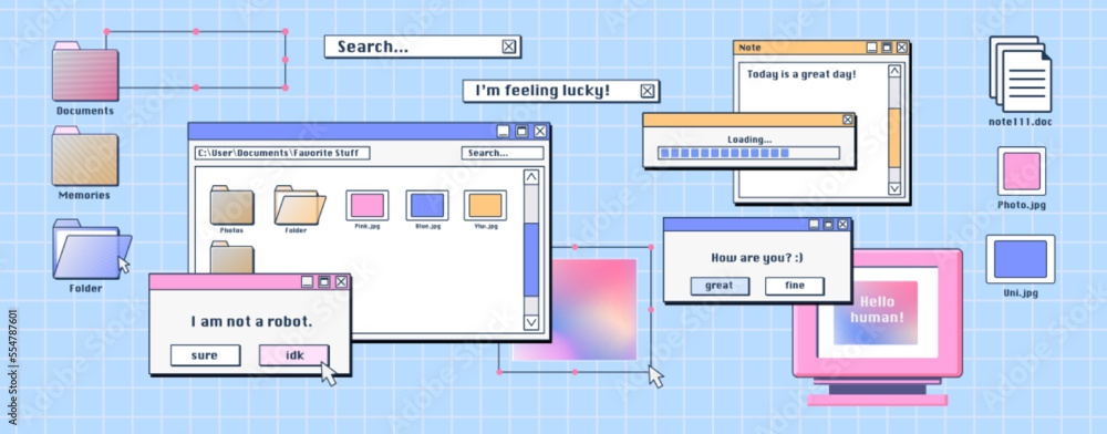 Poster personal computer screen with old software windows open on desktop. vector illustration of folder, f