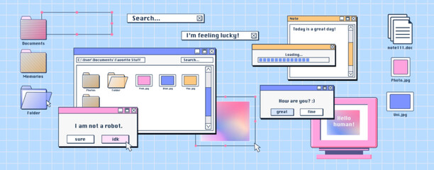 Fototapeta Personal computer screen with old software windows open on desktop. Vector illustration of folder, file, document thumbnails, loading progress bar and pop-up notifications. Retro user interface design obraz