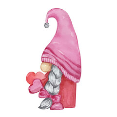 Watercolor valentines day gnome with heart
