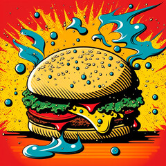 burger image, drawing, retro art. High quality illustration