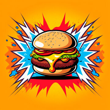 burger image, drawing, retro art. High quality illustration