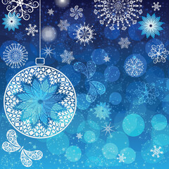 Vector christmas blue gradient background with white lace ball and snowflakes and butterflies