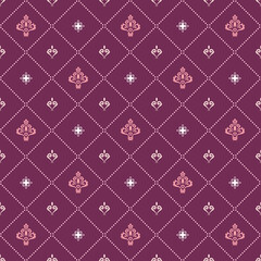 Seamless purple and pink pattern. Modern geometric ornament with royal lilies. Classic vintage background
