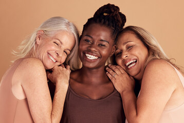 Beauty, diversity and portrait of women with self love, happy and positive mindset in studio....