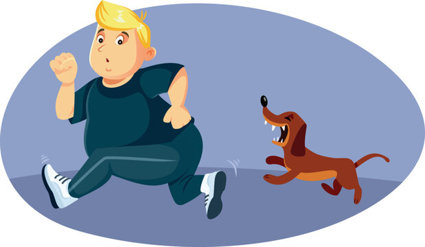 Funny Man Running Away From A Barking Aggressive Dog Vector Cartoon. Overweight Guy Suffering From Chino Phobia Being Chased By A Barking Doggie 
